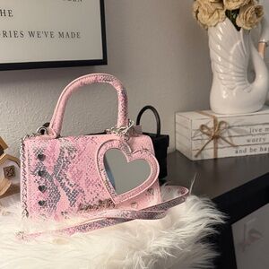 Pink Snake-Texture Crossbody Bag with Heart Mirror Charm